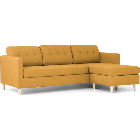 Marino Sofa, Canapé avec chaise longue réversible à droite ou à gauche, en tissu jaune curry avec pieds en bois. (1/5)