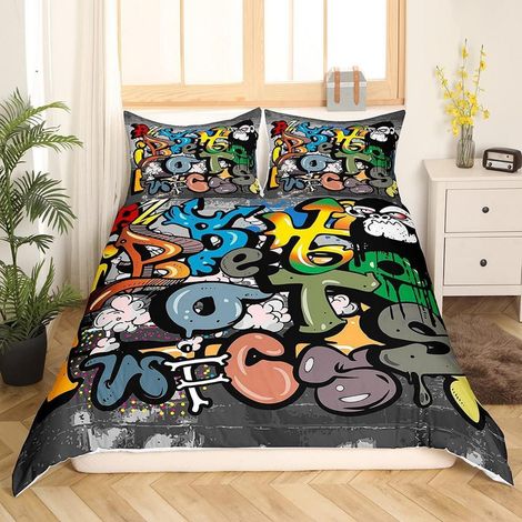 Bettwäsche-Set 200x200 cm mit 2 Kissenbezügen 80x80 cm, Street Art Graffiti Design, Mikrofaser