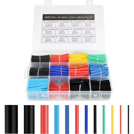 Lot de 800 gaines thermorétractables - Rapport de rétrécissement 2 : 1 - Multicolore - Gaines thermorétractables étanches avec mallette de rangement - 7 couleurs/12 tailles - Pour isolation (1/5)