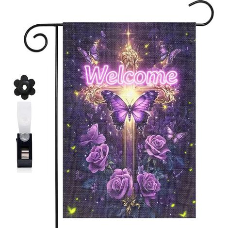 Drapeau vertical Welcome et roses violettes 30 x 45 cm décoration jardin d'été (1/5)