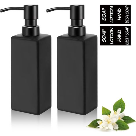 Lot de 2 distributeurs de savon noir mat - 350 ml - En verre - Avec pompe lisse et étiquette - Pour la cuisine - Distributeur de liquide vaisselle, crème pour les mains (noir, carré) (1/5)