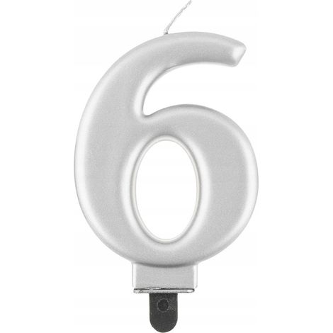 Candela numero 6, argento metallizzato, 8 cm