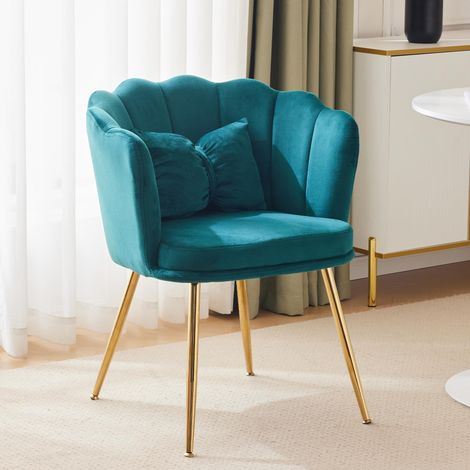 Fauteuil de salon moderne en velours, fauteuil baignoire, confortable, rembourré et décoratif avec dossier à pétales, pieds en métal doré et coussins papillon pour chambre/salle à manger (1/5)