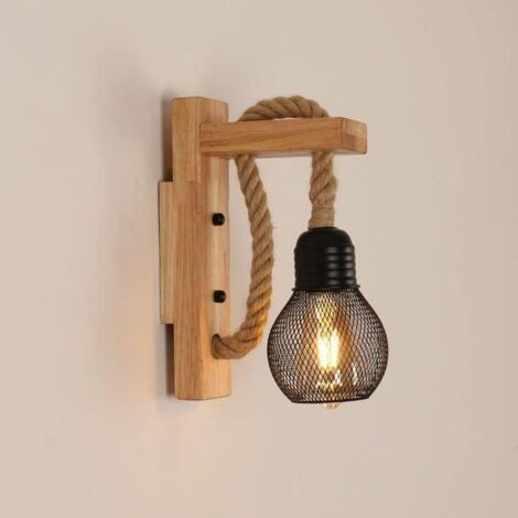 Applique murale style industriel rétro, applique murale rétro rustique en bois, abat-jour cage en métal, applique murale d'intérieur (sans ampoule) (1/5)