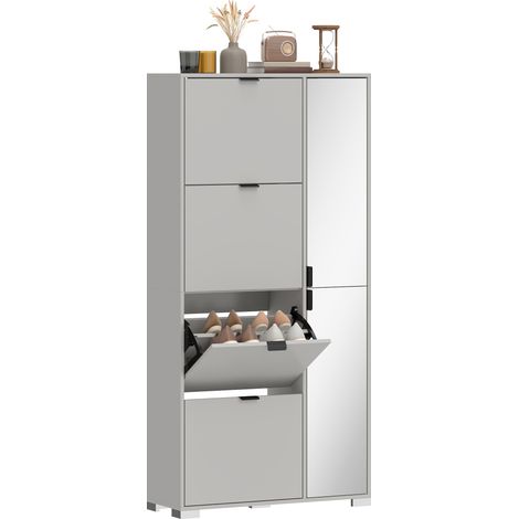 Scarpiera con Specchio, 4 Cassetti Ribalta, Scarpiera Ingresso, Grigio