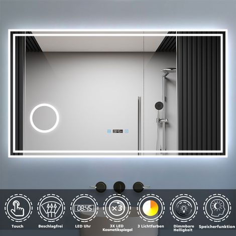 LED Badspiegel 140x80cm mit Uhr 3 Lichtfarbe 3x Vergrößerungsspiegel Beschlagfrei Speicherfunktion Touchschalter Horizontal (1/5)