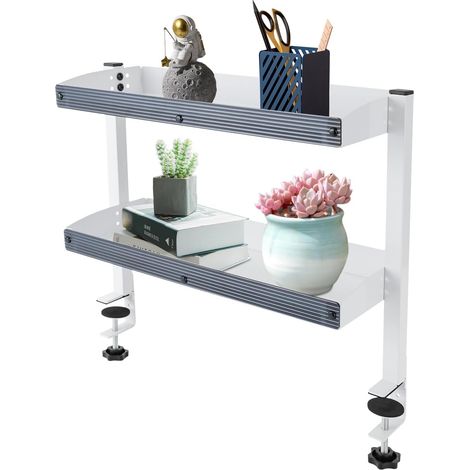 Étagère de bureau avec dispositif de serrage, étagère de bureau à 2 niveaux avec compartiment de rangement réglable, pour bureau, salon (blanc) (1/5)