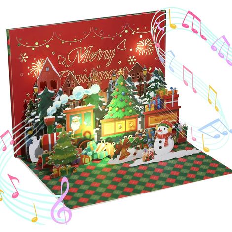 Carte de Noël Musicale et Lumineuse Carte Pop-Up Musicale 3D Train de Noel Père Noël Bonhomme de Neige Merry Christmas avec Enveloppe Cadeau de Noel (1/5)