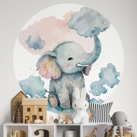 Sticker mural rond / cercle Enfants - Eléphant - Diamètre 40 cm - Adhésif + Protection MATE (1/2)