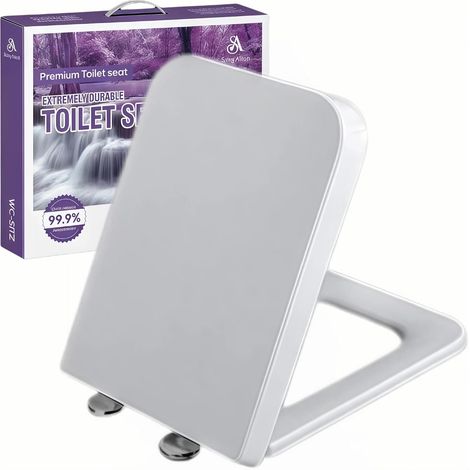 Abattant WC Forme Carrée, Cuvette Toilette avec Frein de Chute, Lunette WC Blanche, Siège de Toilette Universel, Testée jusqu'à 150kg (1/5)