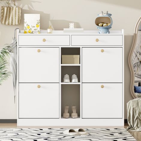 Meuble à chaussures blanc avec 4 portes abattantes, 2 tiroirs et 3 niches ouvertes, idéal pour entrée et couloir modernes, 110 x 26 x 100 cm