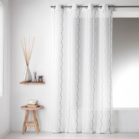Voilage en Etamine Brodée à Rayures Verticales Fantaisies Blanc 140x260 cm