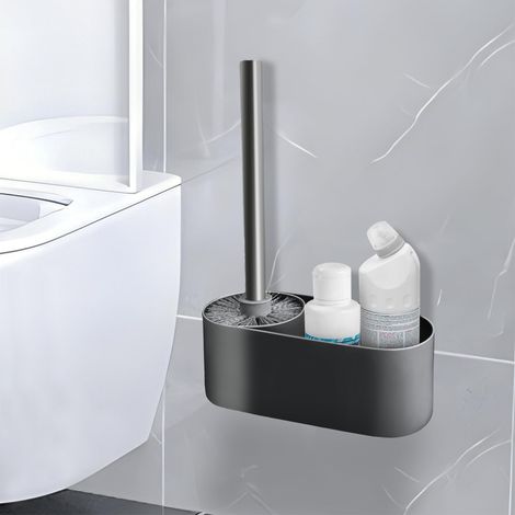 Brosse Toilettes, Brosse WC Suspendu, Balai WC 2 en 1 avec Organisateur De Nettoyage, Balayette WC en Aluminium sans Perforation, Montage Mural/Au Sol pour Salle De Bain, Noir (1/5)