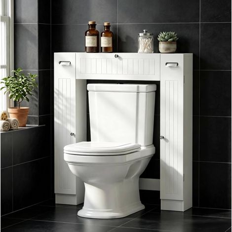 Mobile bagno sopra wc 88x18x98 cm, con 2 armadietti laterali, cassetto, portarotolo, pannello truciolare bianco (1/5)