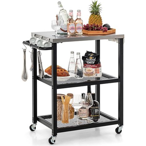 COSTWAY Grillwagen Outdoor, Grilltisch mit 3 Ablagen & 4 Rädern & Griff & 3 Haken, Pizzatisch Beistelltisch Servierwagen für Hinterhof, Garten, Terrasse (3 Ablagen) (1/5)