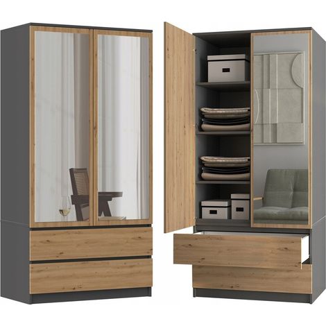 Armario con espejos, antracita/roble artesanal, sistema TIP-ON, 90 cm de ancho, 2 cajones, 4 estantes, espacio para ropa. (1/5)