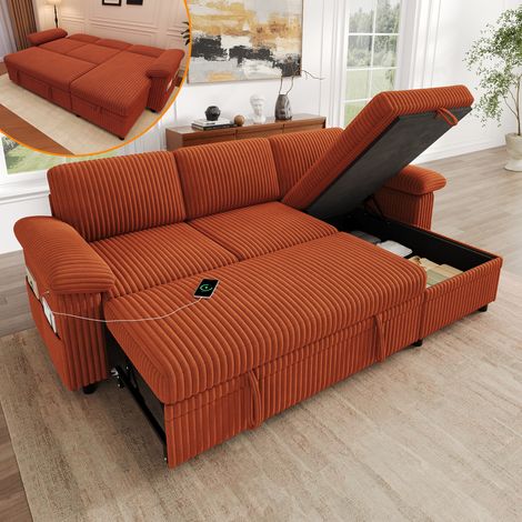 Sofá esquinero en forma de L convertible en cama, otomana con espacio de almacenamiento, reversible izquierda/derecha, panel de carga USB/Tipo-C y bolsillo lateral, respaldo ajustable con cojines para (1/5)