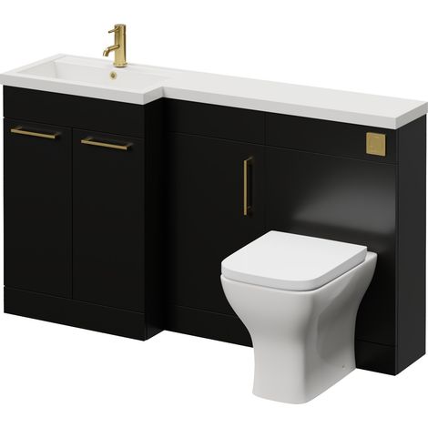 Napoli 390 Matt Black 1500mm 3 Door Vanity Unit Toilet Suite with Left Hand Square Lucia Basin - 1500mm - Brushed Brass 160mm HandleWith Kingston Toilet Pan and Seat