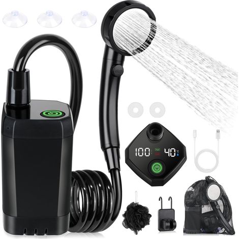Kit Douche de Camping, Douche Portable,Pompe de Douche Électrique Rechargeable,Imperméable, avec Afficheur Intelligent et Pomme de Douche 4 Modes pour Extérieure,Camping,Randonnée (1/5)