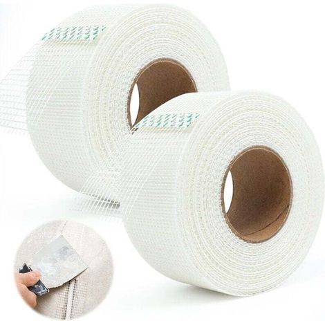 5cm x 50m Ruban à Joint en Fibre de Verre, 2 Pcs Ruban à Mailles en Fibre de Verre, Ruban en fibre de verre auto, Bande Grillagée Adhésive pour Les Plaques de Plâtre, Fissures et Trous (1/4)