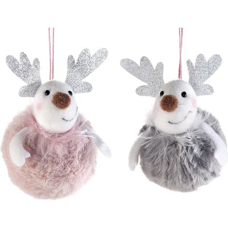 Pallina albero di Natale a renna in eco-fur con corna glitterate argento da appendere, set da 12 pezzi, Ø 5 cm x 10 H