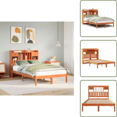 Massivholzbett mit Regal ohne Matratze Wachsbraun 135x190 cm - Bett Mit Regal - Bett Mit Bücherregal - Holzbett Mit Regal - Holzbett Mit Bücherregal (1/5)