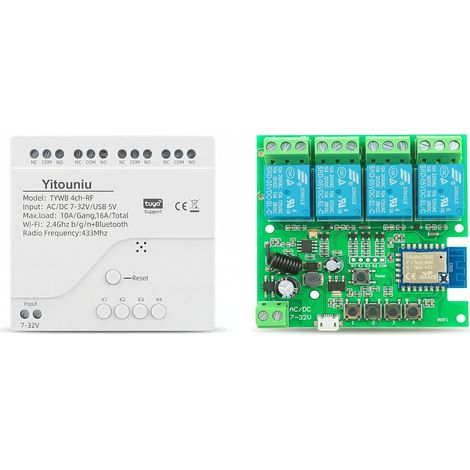 Relais momentané WiFi 4 canaux Module d'interrupteur autobloquant, DC/AC 7-32 V/USB 5 V WiFi RF Bluetooth Relais compatible avec Goolge Home (1/5)