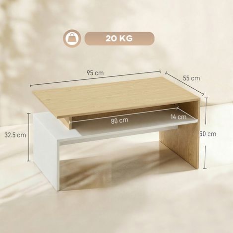 Table basse bicolore (avec étagère asymétrique), 95 x 55 x 50 cm, bois naturel et blanc (1/5)