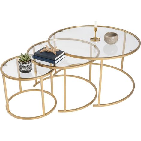 Dmora - Set mit 3 Couchtischen Rowan, Niedriger Wohnzimmertisch, Kaffeeregal, Couchtisch für Sofa, 80x80 h43 cm, Gold und Transparent