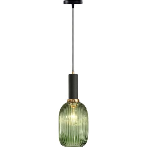 Suspension Moderne Verre Strié Vert 13cm – Luminaire Suspendu E27 pour Cuisine, Salle à Manger, Chambre (1/5)