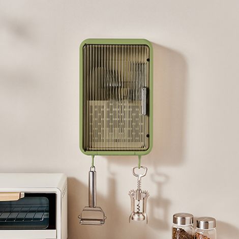 Neuer cremefarbener, wandmontierter Essstäbchenhalter für die Küche, mit Deckel, staubdicht, Abtropffläche und einer hübschen grünen Farbe. (1/5)