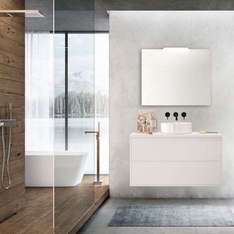 100 cm hängender Badezimmerschrank aus satinweißem Holz mit Aufsatzwaschbecken – Olympus - 100 cm Mit Doppelsäule Lampe - Accessorio: Standard - Misura: 100 cm