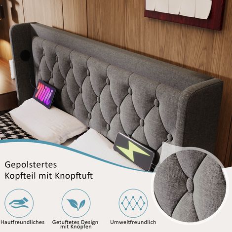 Lit double rembourré 180x200 cm, gris, tissu coton, sommier coffre hydraulique, tête de lit capitonnée avec port USB-C, éclairage LED 3 côtés, sans matelas (1/5)