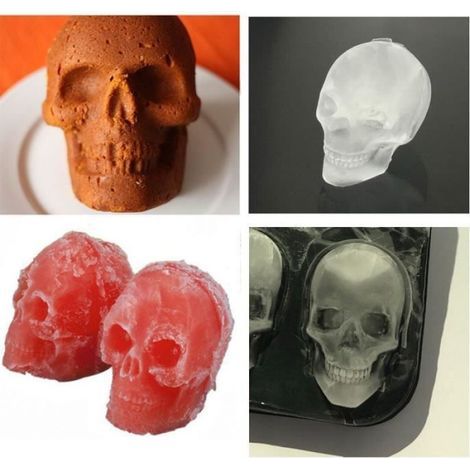 Moule à glaçons en silicone 3D tête de mort, 2 pièces avec 4 grilles, pour whisky, cocktails et décoration Halloween (1/4)