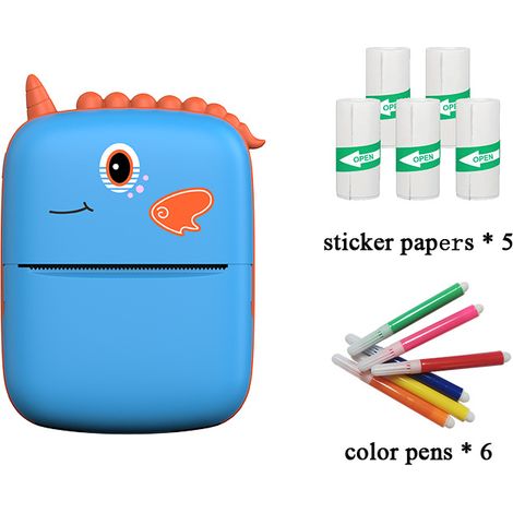 Imprimante portable Little Dinosaur Mini bleue + 5 rouleaux d'autocollants + stylos de couleur (1/2)