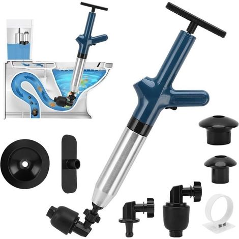 Déboucheur de Toilette à Air Comprimé, Déboucheurs Ventouses avec Baromètre, Ventouse Deboucheur WC avec 3 Têtes de Piston et Gonfleur, Débouchage pour Toilette, Évier, Baignoire(Blau) (1/4)