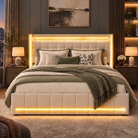 Lit double 140x200 avec 4 Tiroirs, lit adulte avec sommier, avec Tête de Lit Rembourrée, bandes lumineuses LED en tête et pied de lit, lin beige