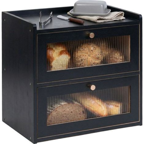 Boîte À Pain - Bambou - 2 Étages Avec Fenêtres À Lamelles - Aération Optimale - Fermeture Magnétique - 34 X 36,5 X 24 Cm - Noir (1/5)