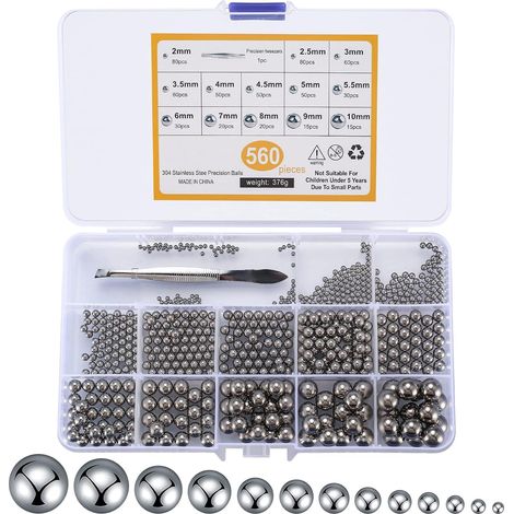 560 Pcs Stainless Steel Balls, Ball Bearing Balls, Stainless Steel Metal Balls for Bicycle Wheels, Mountain Bike Trolley Accessories - 0.079/0.1/0.118/0.1/0.157/0.2/0.2/0.2/0.236/0.276/0.315/0.315/0.. (1/5)