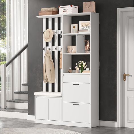 Perchero de pasillo de 120x30x200 cm con banco acolchado, 2 puertas para guardar zapatos, 1 cajón, MDF blanco. (1/5)