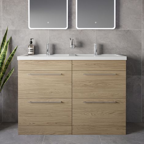 Napoli 390 Light Oak 1200mm 4 Drawer Vanity Unit with Double Lucia Basins - 1200mm - Chrome 320mm Handle