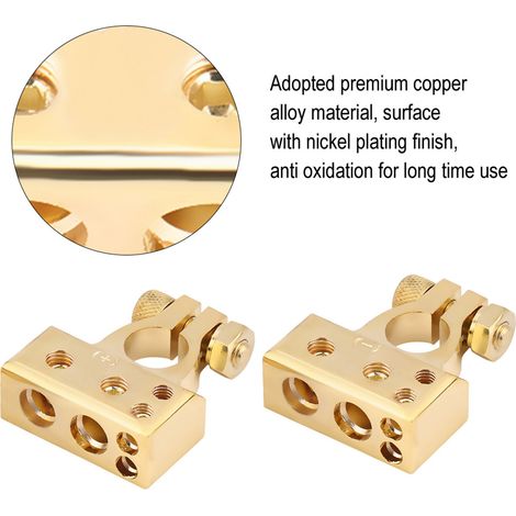 Une paire de clips de bornes positives et négatives plaqués or pour batteries automobiles, adaptés aux calibres de fil 0/1 2 4 8 AWG. (1/5)