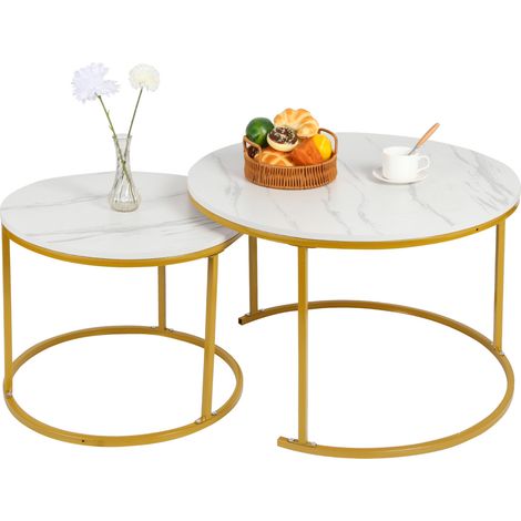 Tavolino da divano impilabile in 2 pezzi, set di 2 tavolini laterali rotondi impilabili, tavolino da caffè, tavolino da caffè, 70 x 70 x 45 cm, bianco e oro (1/5)
