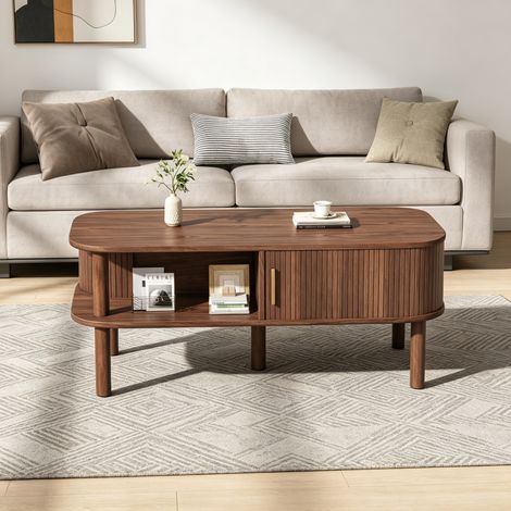 Table basse 110x55x45 cm noyer en MDF avec porte coulissante rainurée et rangement (1/5)