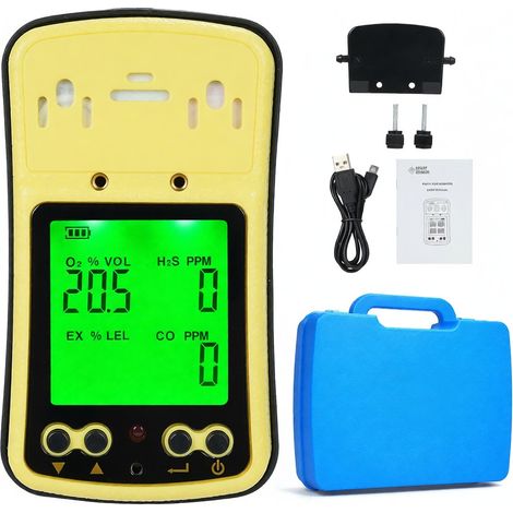 Detector de gases portátil 4 en 1: monóxido de carbono, oxígeno, hidrógeno y sulfuro con pantalla LCD para uso industrial y en obras de construcción. (1/5)