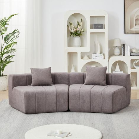 Divano modulare 2 posti, divano curvo simmetrico per soggiorno camera da letto e ufficio, design tasti di pianoforte in ciniglia con 2 cuscini, Grigio (1/5)