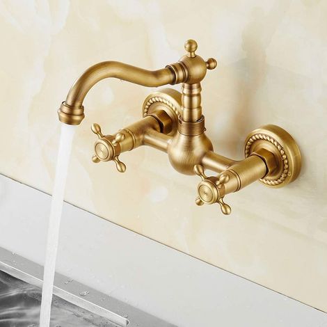 Robinet cuivre antique cuisine mitigeur classique laiton mural double levier chaud et froid pivotant baignoire (1/5)