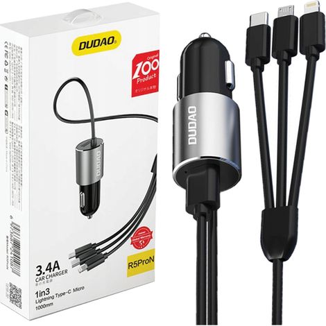 Cargador de coche USB 3 en 1 Dudao de 3,4 A con cable Lightning/USB tipo C/micro USB integrado, color negro (R5ProN Black) (1/5)