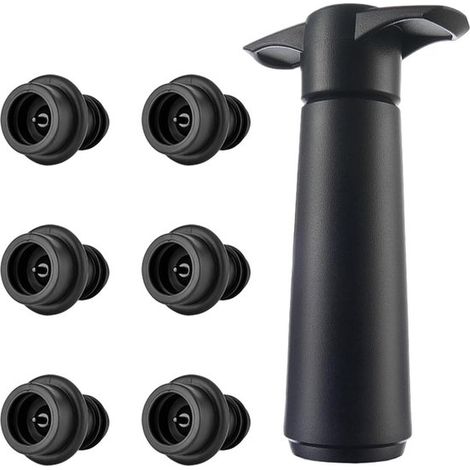 1 bomba de vino con 6 tapones de vacío, protector de vino reutilizable, para almacenamiento y conservación del vino (negro) (1/5)