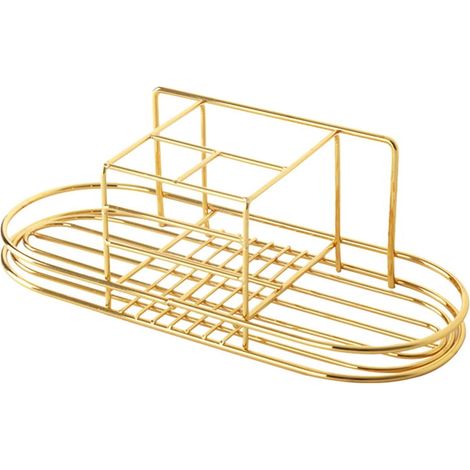 Support Murale pour Brosse à Dents et Dentifrice - Support Métallique Ventilé Or - Fixation Adhésive ou Sur Plan de Travail - 26 x 10,5 x 8,5 cm (1/4)